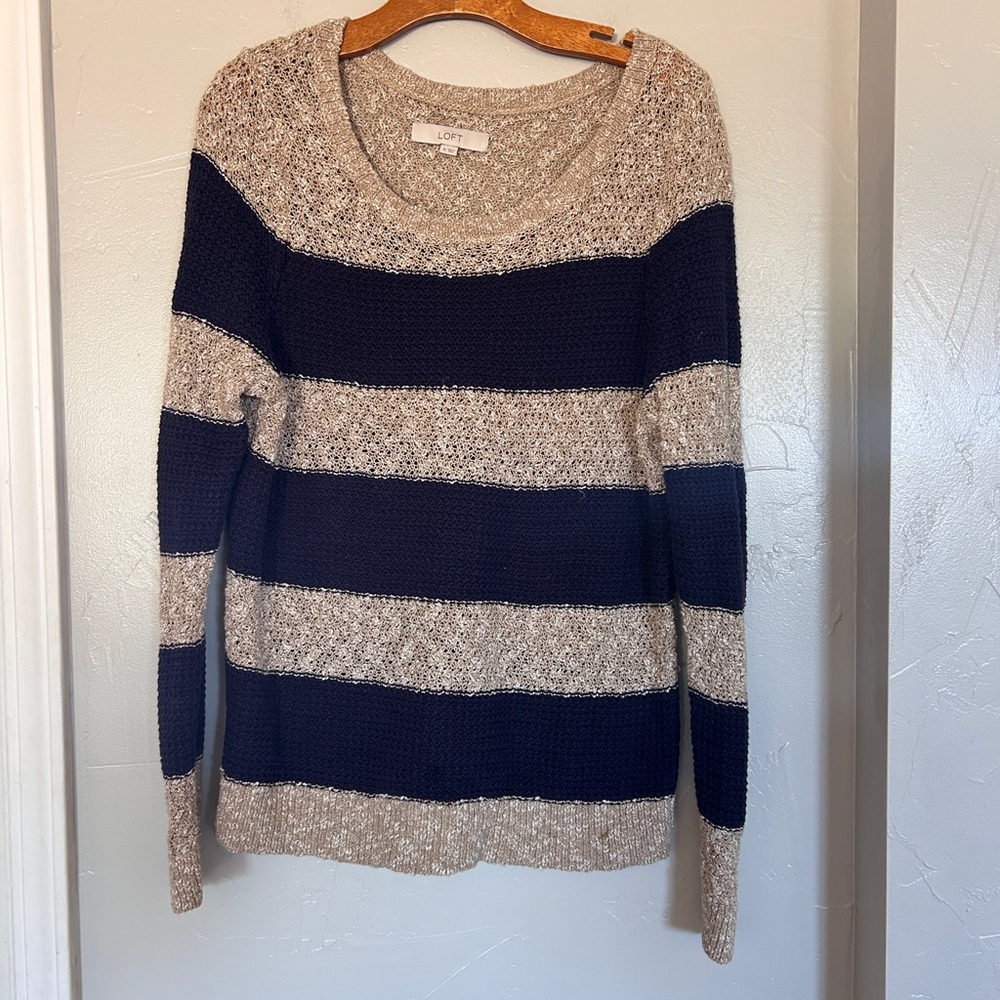 LOFT Women's Striped Crew Neck Sweater - Black and Tan